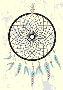 美洲印第安人的梦想捕手传统象征。 明亮的卡片，白色背景上有彩色羽毛和珠子。