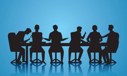 一群商人在讨论,交流,团队合作,伙伴合作,公司员工在蓝色背景下剪影