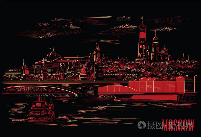 莫斯科河对岸的克里姆林宫大厦和大桥的城市景观俄罗斯莫斯科红场，黑色背景的红色和米色的孤立矢量手绘插图