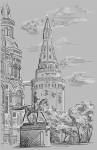 克里姆林宫塔国家历史博物馆和朱可夫元帅纪念碑俄罗斯莫斯科红场，灰色背景上黑白隔离矢量手绘插图