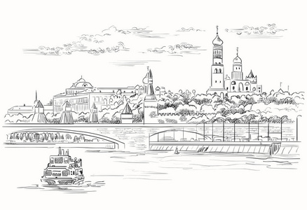 克里姆林宫的城墙和横跨莫斯科河的桥梁的城市景观俄罗斯莫斯科红场白色背景上黑色的孤立矢量手绘插图
