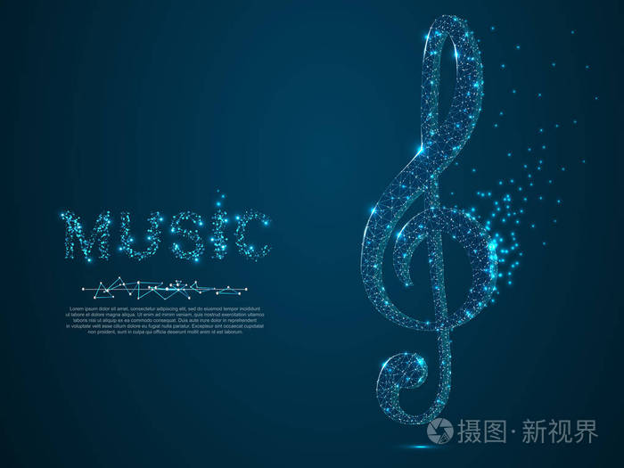 低聚线框插图与分散的粒子和光的影响深蓝色背景. 音乐海报横幅模 ..