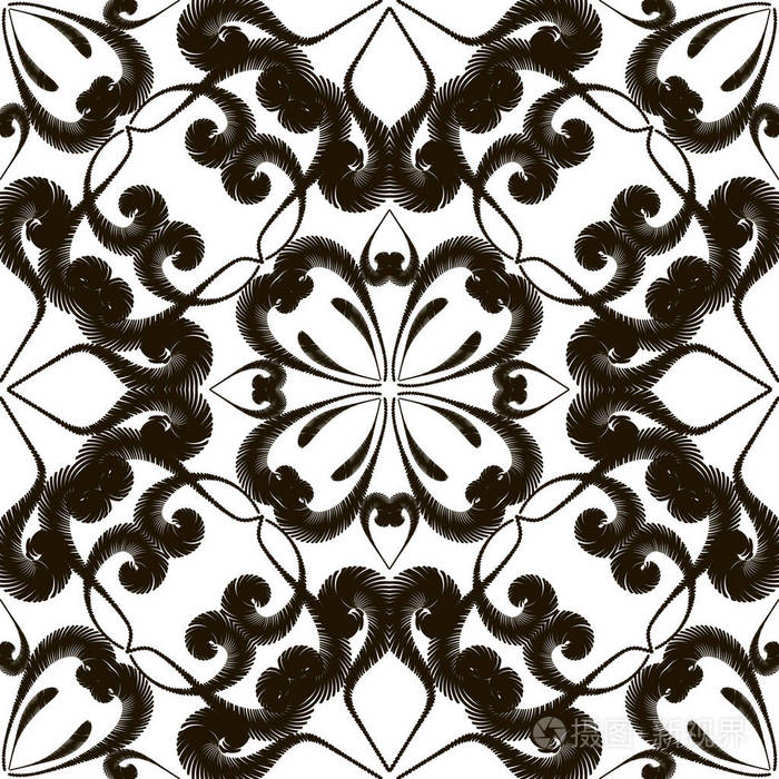 刺绣花黑白矢量无缝图案纹理装饰单色背景重复图案背景挂毯漩涡花优雅