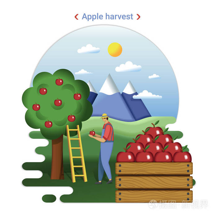 平面农场景观插图苹果收获有花园和山脉的乡村景观农夫收割苹果