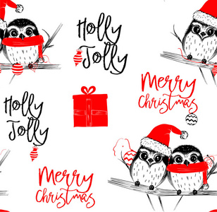 手绘矢量插图与两只可爱的猫头鹰庆祝快乐圣诞无缝图案与孤立的白色背景