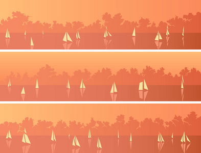 一套水平的简单横幅，有许多不同的帆船和积云在地平线上日落。
