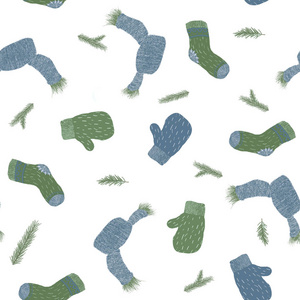 冬季无缝图案与温暖针织围巾手套袜子在白色背景。 完美的礼品纸图案填充网页背景秋季贺卡。 设计的自然插图