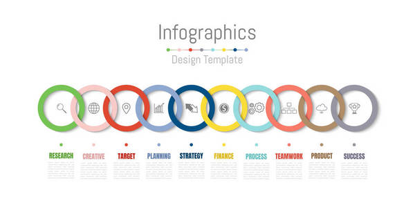 您的业务数据与 10 选项 零件 步骤 时间线或过程的信息图表设计元素。矢量图