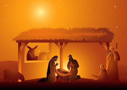 圣经矢量插图系列耶稣诞生场景的神圣家庭在稳定。 圣诞节主题