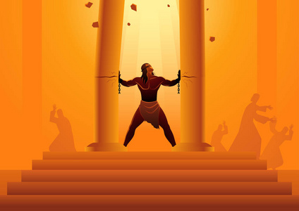 圣经矢量插图系列参孙拿着庙宇的柱子,把它们推开照片