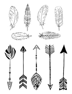 质朴的民族波霍风格的羽毛和箭头。复古向量集