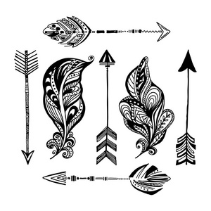 矢量一组手绘的箭头和羽毛。boho 样式例证