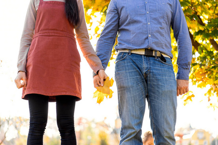 一对相爱的年轻夫妇在秋天的公园里散步，牵着手看着夕阳