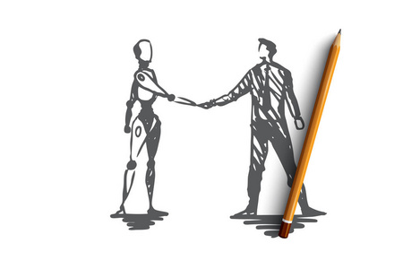 人机交互, 自动化, 商务, 机器人, 合作理念.手绘查出的向量照片