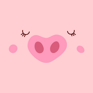 最喜欢的猪脸微笑鼻子心小猪粉红色。 亚洲标志吉祥物猪矢量设计年中国新年2019。手绘矢量插图。