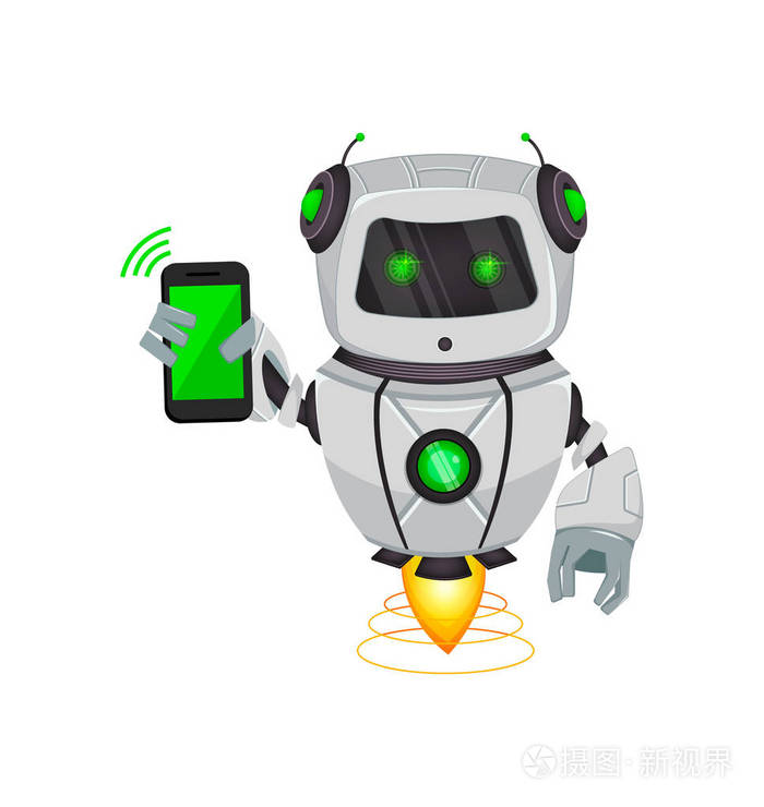 人工智能机器人有趣的卡通人物持有智能手机人类控制论有机体未来的