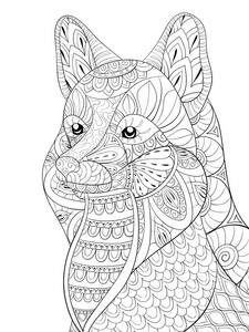 成人着色书页，一个可爱的狐狸形象的头部放松。Zen艺术风格插图打印。海报设计。