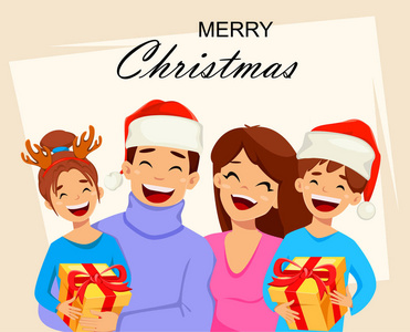 圣诞快乐。 幸福的家庭戴着可爱的帽子庆祝节日。 可用于贺卡海报传单。 矢量插图