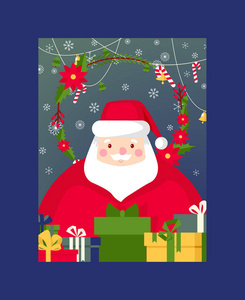 圣诞矢量圣诞快乐贺卡与圣诞老人新年树和礼物背景插图圣诞老人明信片寒假庆祝海报设计背景