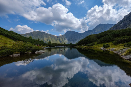 斯洛伐克喀尔巴阡山塔特拉夏季末山湖全景，水中有岩石山的倒影。 兹韦罗夫卡村附近的罗哈克斯克普莱萨湖。