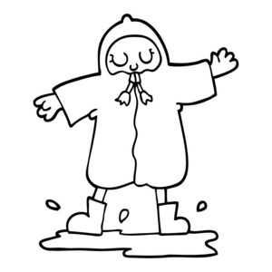 黑白卡通人物穿雨衣溅在水坑里图片