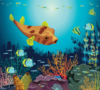 五颜六色的珊瑚礁，在蓝色的海洋背景上有鱼和水下生物的轮廓。矢量海景插图。海洋野生动物。
