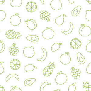 载体无缝图案轮廓水果，如鳄梨，杏，橙，菠萝，桃，芒果，梨，苹果，石榴，香蕉