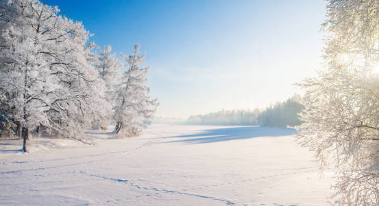 美丽的雪冬公园，蓝天