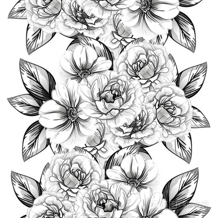 无缝复古风格的花型黑白花元素