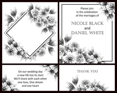 老式风格的花婚礼卡设置在黑白。 花卉元素和框架。