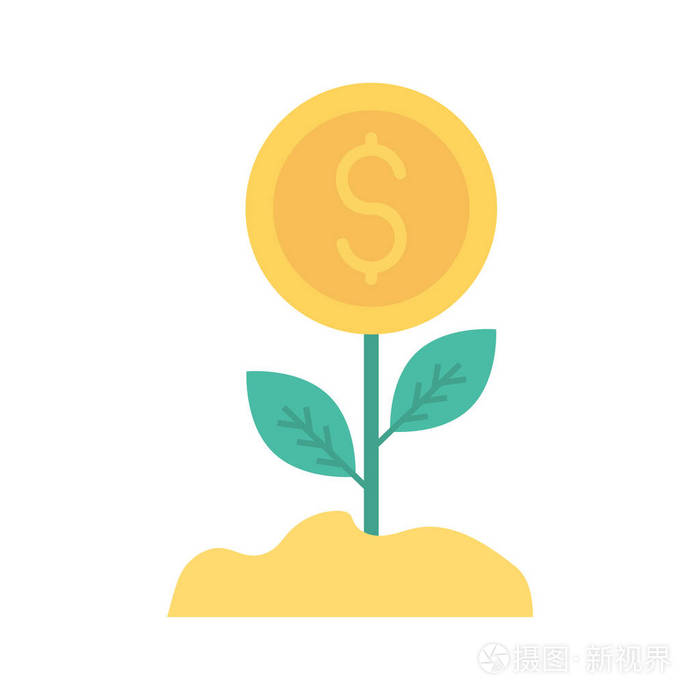 花与美元硬币平面图标隔离白色背景矢量插图增长货币概念