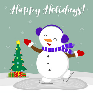 新年和圣诞卡。可爱的雪人在毛皮耳机溜冰在冰上。在雪花的背景下, 冬天的圣诞树和带礼物的盒子。动画片样式, 向量
