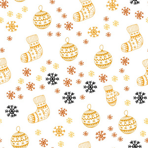 浅橙色矢量无缝覆盖与美丽的雪花球，袜子手套。 五颜六色的圣诞元素与梯度。 时尚面料壁纸的图案。