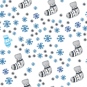 深蓝色矢量无缝图案与圣诞雪花球袜子手套。 在圣诞节风格中闪耀着五颜六色的插图。 名片网站模板。