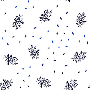 深色蓝色矢量无缝抽象设计与树叶，树枝。白色背景上有渐变的叶子和枝条。图案设计面料，壁纸。
