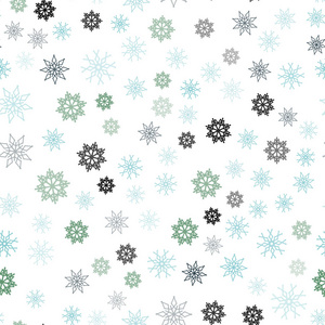 浅蓝色，绿色矢量无缝布局与明亮的雪花。模糊装饰设计，圣诞节风格与雪。纺织品织物壁纸的设计。