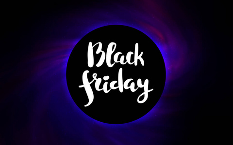 黑色紫色矢量覆盖有一个黑洞，星云。在星空背景上的黑洞的彩色插图。黑色星期五销售模板。