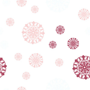 浅粉色，红色矢量无缝布局与明亮的雪花。装饰闪亮的插图与雪上抽象模板。纺织品织物壁纸的设计。