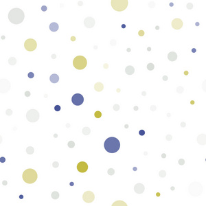 浅蓝黄色矢量与球体无缝图案。 插图与一套闪亮的彩色抽象圆圈。 纺织品壁纸设计。
