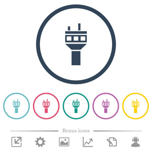 空气控制塔平色图标在圆形轮廓。 包括6个奖金图标。