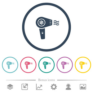 吹风机与螺旋桨平面颜色图标在圆形轮廓. 包括6个奖金图标.照片