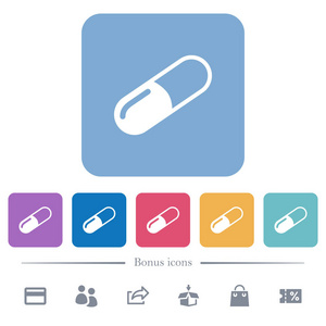 药丸平面白色图标在方形背景。 包括6个奖金图标。