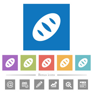 面包平面白色图标在方形背景。 包括6个奖金图标。