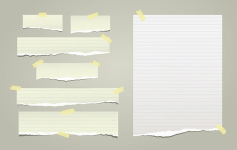 白色和绿色的音符, 笔记本纸条与撕裂的边缘卡住与黄色胶带在绿色背景。向量例证