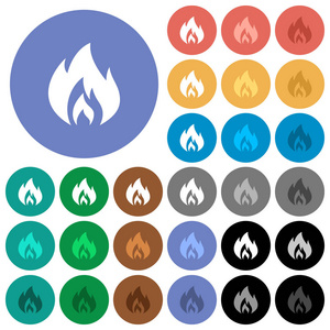 火焰多彩色平面图标在圆形背景上。 包括白光和黑暗图标变化的悬停和主动状态效果和奖金阴影。