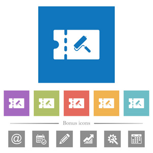 油漆商店折扣优惠券平面白色图标在方形背景。 包括6个奖金图标。