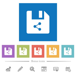 在方形背景中共享文件平面白色图标。 包括6个奖金图标。