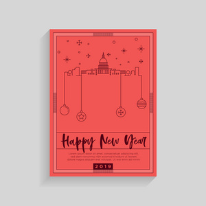 新年快乐线性彩色卡片与建筑物和玩具球