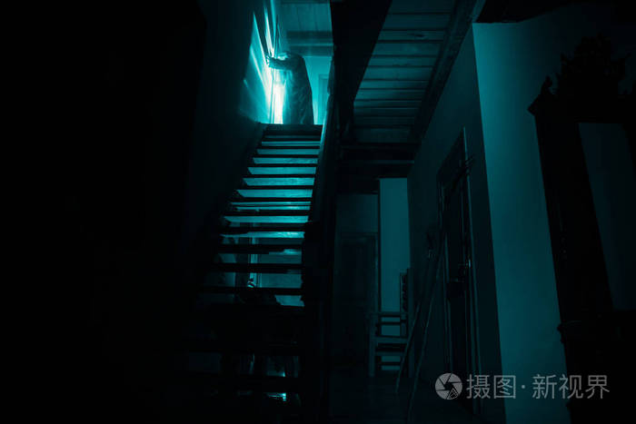 在旧的令人毛骨悚然的废弃豪宅里 恐怖鬼的轮廓站在城堡楼梯到地下室 神秘的地牢石楼梯在旧城堡与光 恐怖 万圣节概念照片 正版商用图片148b71 摄图新视界