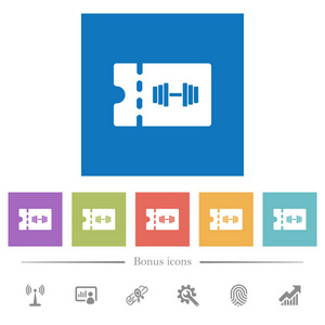健身房折扣优惠券平面白色图标在方形背景。 包括6个奖金图标。